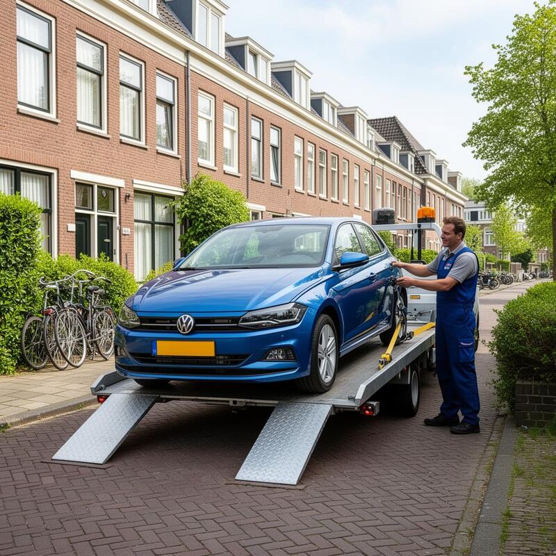 Blauwe Volkswagen Polo uit 2020 wordt gratis opgehaald door erkende Nederlandse auto-opkoper in een woonwijk